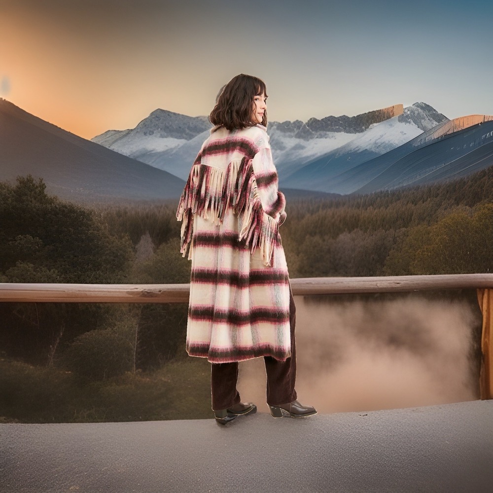 Free People Bali Pressley Wool Western Fringe Longline Coat M/L EUC Plaid